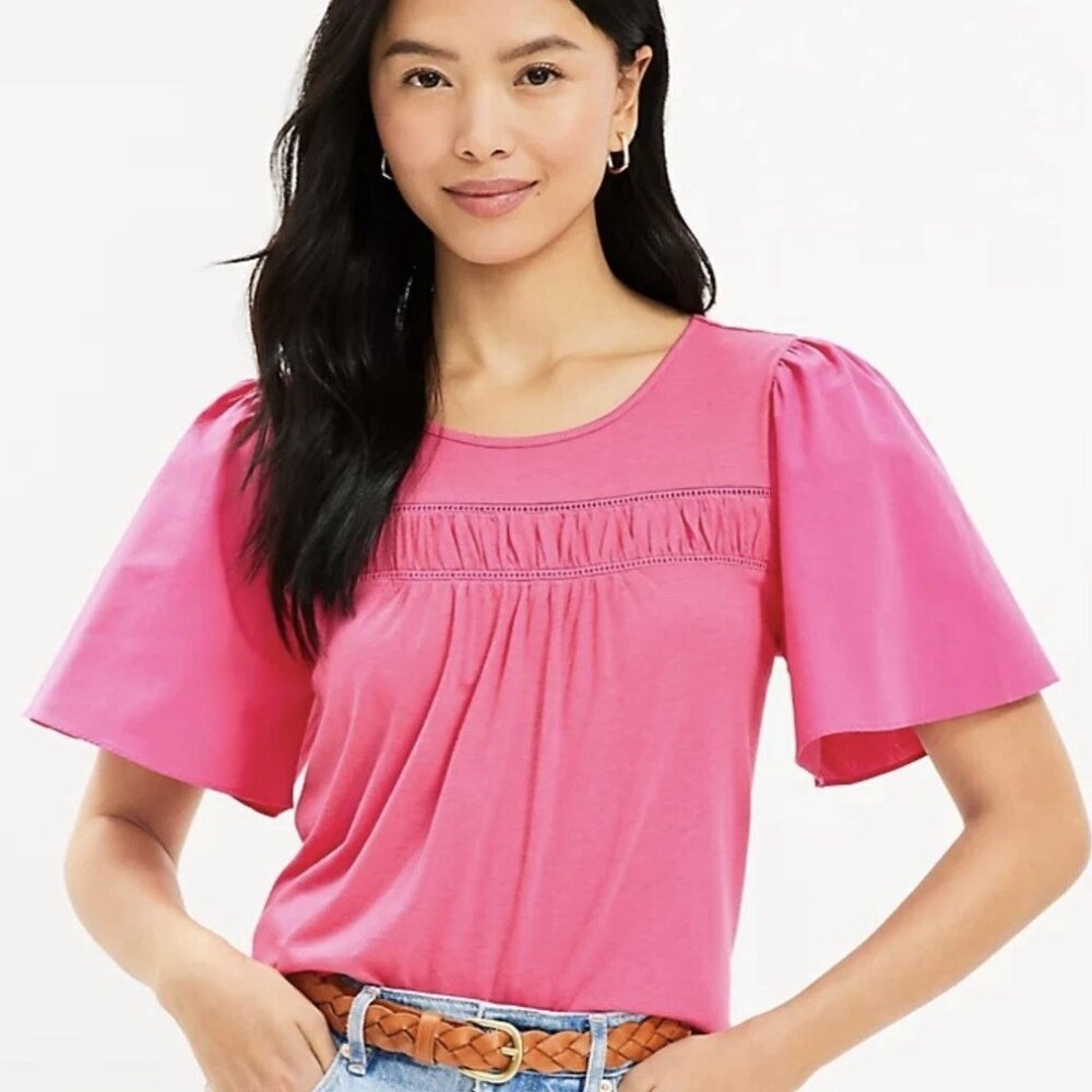 Loft Petite Cutout Flare Sleeve Mixed Media Top Size PS Melrose Pink NWT